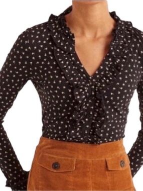 Boden Black Ruffle V-Neck Flower Print Blouse